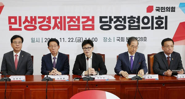 국민의힘 한동훈 대표가 22일 오후 서울 여의도 국회에서 열린 민생경제점검 당정협의회에서 발언하고 있다. 연합뉴스