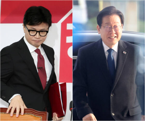 국민의힘 한동훈 대표가 25일 국회에서 열린 최고위윈회이에 입장하고 있다. (사진 왼쪽) 같은 날 더불어민주당 이재명 대표가 위증교사 혐의 사건 1심에서 무죄를 선고받은 뒤 국회로 돌아오며 환한 미소를 짓고 있다. (사진 오른쪽) 연합뉴스