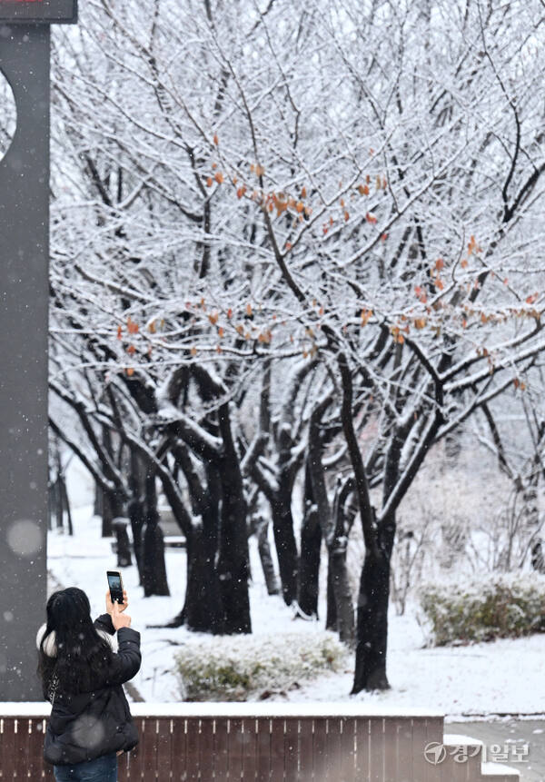 대설특보가 발효된 27일 인천 남동구 중앙근린공원에서 한 시민들이 출근길 사진을 남기고 있다. 조병석기자
