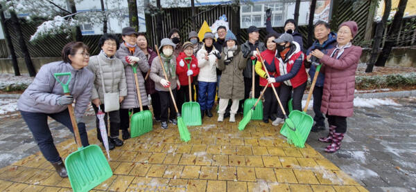 기습 폭설사태를 맞아 내집 앞 눈 치우기를 자처한 하남시 신장2동 통장단 등 유관단체 회원들. 하남시 제공