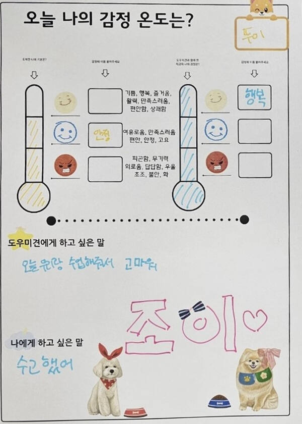 지난 20일 고양경찰서가 진행한 동물교감 치유 선도 프로그램 ‘마음 뿜뿜 펫캠프’ 1회차 참가자 중 한 학생이 작성한 감정온도계. 고양경찰서 제공