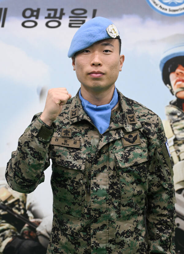 2일 한빛 19진 환송식을 마치고 권동윤 중사가 파병에 대한 포부를 밝히고 있다. 장민재 기자
