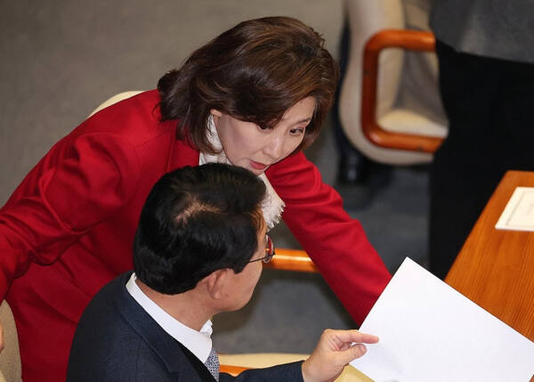 국민의힘 나경원 의원이 10일 오후 국회 본회의장에서 김상훈 정책위의장과 대화하고 있다. 연합뉴스