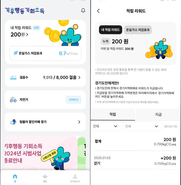 2일 ‘기후행동 기회소득’ 시범사업이 종료됐음에도 리워드가 적립되고 있는 모습. 쌓인 포인트는 사용할 수 없으며 3일이 되면 소멸한다. 독자 제공