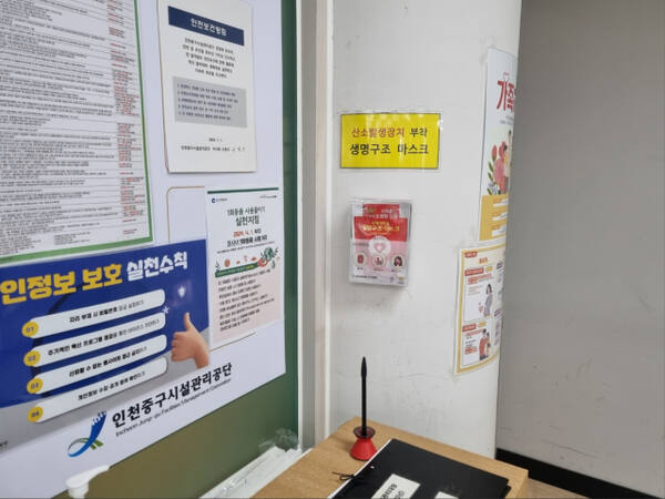 인천중구시설관리공단이 산소 발생 기능을 내장한 ‘방연마스크’를 비치한 모습. 인천 중구청 제공