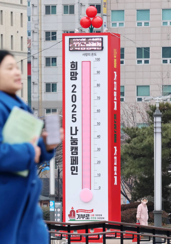 16일 인천 남동구 인천시청 앞에 설치한 인천사랑의온도탑 앞으로 한 시민이 지나가고 있다. 조병석기자