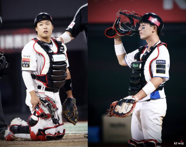 2025시즌 KT 위즈 백업 포수 경쟁을 벌일 입단 동기생 강백호(왼쪽)와 조대현.KT 위즈 제공