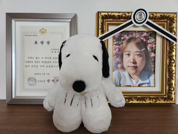 주혜련 씨의 영정과 그가 공을 인정 받아 수여받은 표창장이 함께 놓여 있다. 한국장기조직기증원 제공