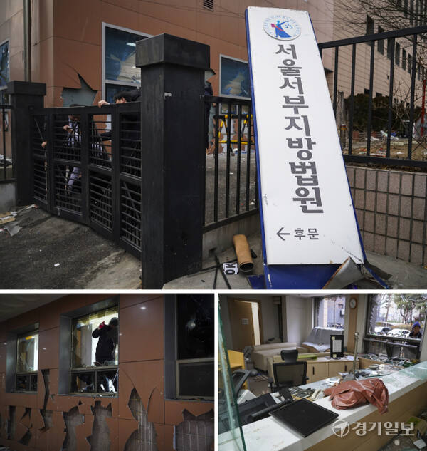 윤석열 대통령이 내란 우두머리 혐의로 구속되자 일부 윤 대통령 지지자들이 서울서부지방법원 내부로 난입해 불법폭력사태를 일으킨 19일 오후 관계자들이 파손된 서부지법 건물 외벽과 유리창, 사무용품 등을 정리하고 있다. 홍기웅기자