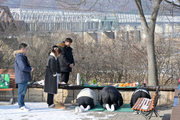 설날인 29일 오전 파주시 임진각 실향민 및 가족들이 북쪽을 향해 절을 올리고 있다. 윤원규기자