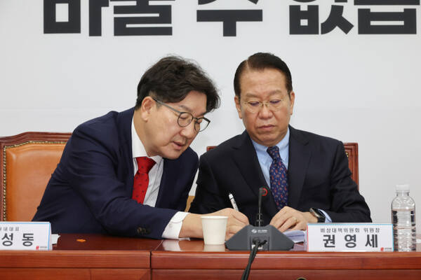 국민의힘 권성동 원내대표가 3일 국회에서 열린 비상대책위원 회의에서 권영세 비상대책위원장과 대화하고 있다. 연합뉴스