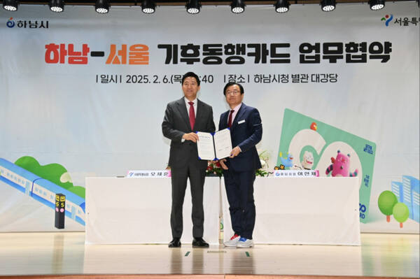 ‘기후동행카드’ 협약 체결 후 기념 촬영하고 있는 이현재 하남시장(오른쪽)과 오세훈 서울시장. 하남시 제공