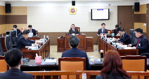 인천시의회에 산업경제위원회가 11일 신동섭 의원(국민의힘·남동4)이 발의한 ‘인천시 인공조명에 의한 빛공해 방지 조례 일부개정조례안’을 심의하고 있다. 시의회 제공