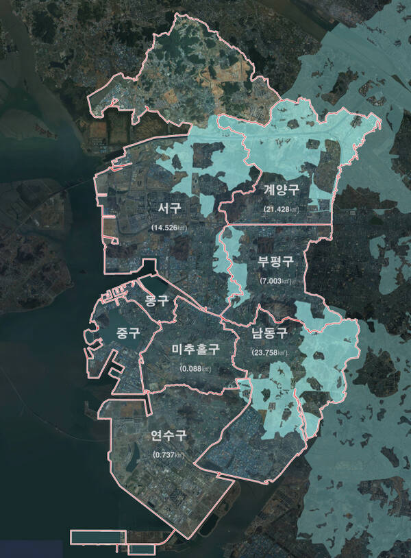 인천시 개발제한구역(GB) 지정 현황도. 시 제공