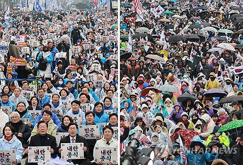 (서울=연합뉴스) 이정훈 신현우 기자 = 삼일절인 1일 서울 곳곳에서 윤석열 대통령 탄핵 찬반 집회가 열리고 있다. 왼쪽은 안국동 야 5당 공동 파면 촉구 범국민대회. 오른쪽은 세종대로 대한민국바로세우기국민운동본부 탄핵 반대 집회. 2025.3.1 photo@yna.co.kr