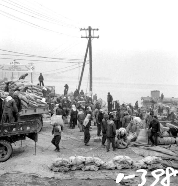 1957년 1월28일, 인천항에서 미국이 지원한 원조 식량을 트럭에 싣는 모습. 국사편찬위원회