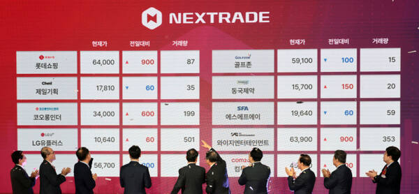 4일 오전 서울 영등포구 여의도 금융투자센터빌딩에서 열린 국내 최초 대체거래소(ATS) '넥스트레이드(NXT)' 개장식에서 주요 내빈들이 개장 기념 세리머니를 하고 있다. 연합뉴스