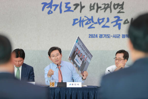 지난해 11월11일 경기도청에서 열린 정책간담회에서 이상일 시장이 경기남부광역철도사업의 성공 추진을 위해 2023년 2월 맺은 협약 사진을 보여 주며 경기도의 적극적인 협력을 요구하고 있다. 용인특례시 제공