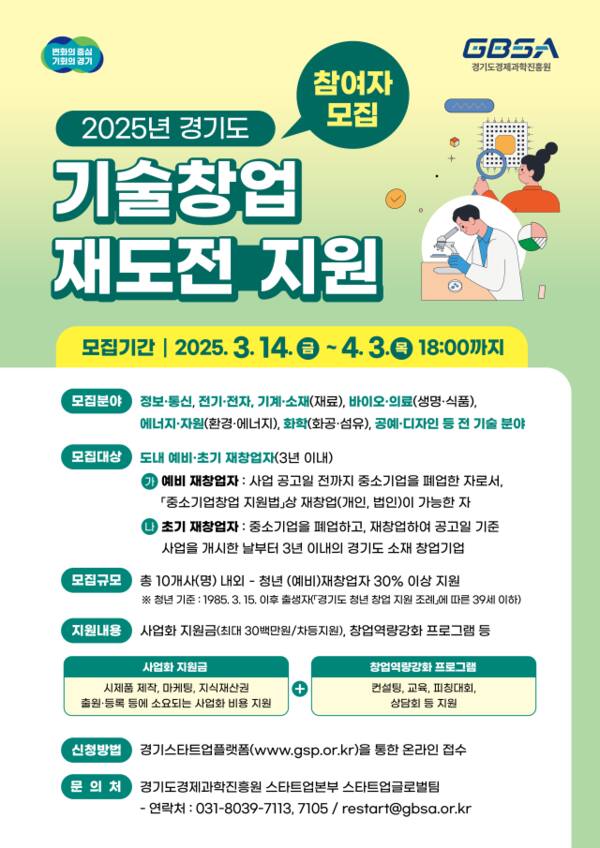 경기도경제과학진흥원이 ‘2025년 경기도 기술창업 재도전 지원 사업' 참여기업을 다음달 3일까지 모집한다. 경과원 제공