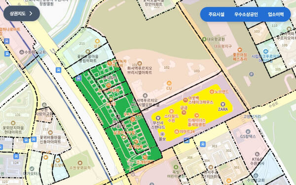 화서역 먹자골목(초록색)과 스타필드(노란색)를 빅데이터플랫폼 ‘소상공인 365’ 상권지도에 표시한 자료. 소상공인 365 화면 캡쳐