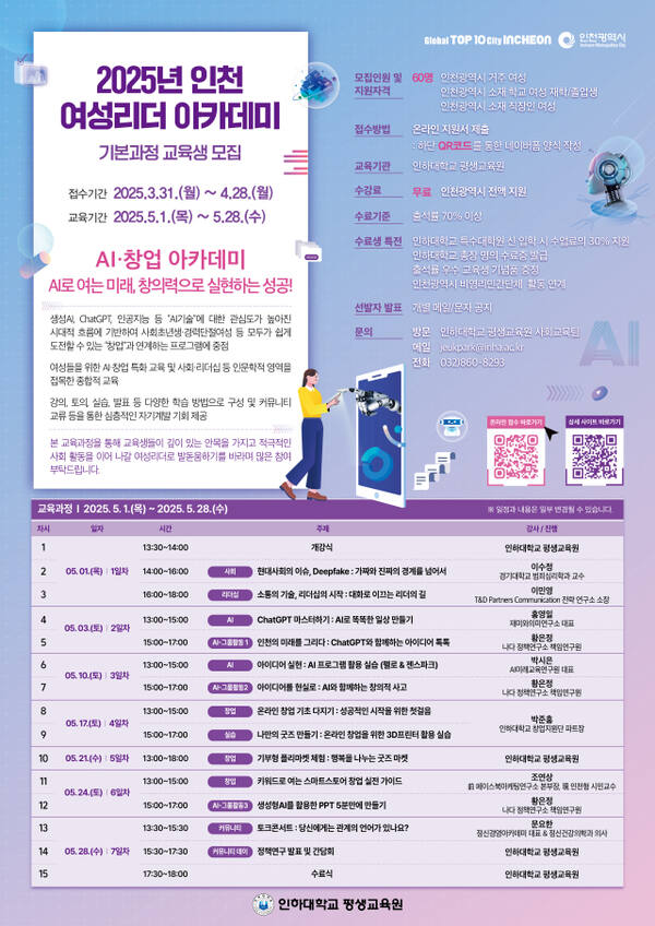 2025년 인천 여성리더 아카데미 기본과정 포스터. 인하대 제공
