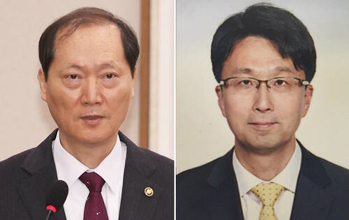 한덕수 대통령 권한대행 국무총리는 지난 8일 오는 18일 임기가 종료되는 문형배 헌법재판소장 직무대행과 이미선 헌법재판관의 후임자로 이완규 법제처장(왼쪽)과 함상훈 서울고등법원 부장판사를 지명했다. 연합뉴스