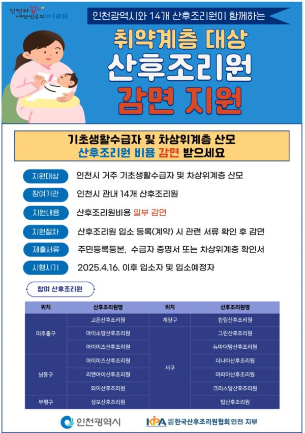 인천시와 14개 산후조리원이 함께하는 ‘취약계층 대상 산후조리원 감면 지원’ 포스터. 인천시 제공