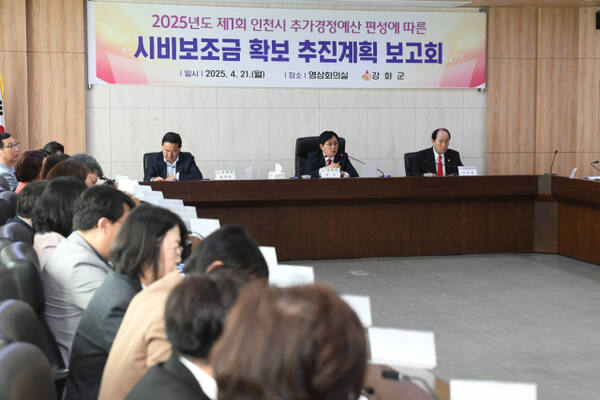 인천 강화군이 21일 영상회의실에서 시비보조금 추가 확보를 위한 보고회를 하고 있다. 군 제공