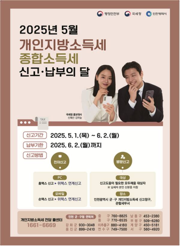 인천시가 오는 5월1일부터 6월2일까지 10개 군·구에서 개인지방소득세 통합신고창구를 운영한다. 인천시 제공