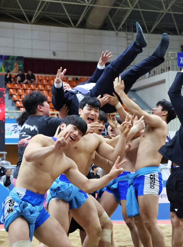 1일 충북 증평종합스포츠센터에서 제26회 증평인삼배 전국장사씨름대회 대학부 단체전서 우승을 차지한 인하대 선수들이 이성원 감독을 헹가래치며 기쁨을 만끽하고 있다.대한씨름협회 제공