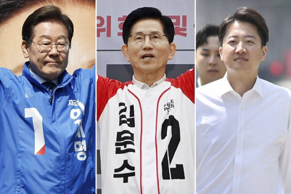 광화문 청계광장에서 열린 중앙선대위 출정식 및 첫 유세에 나선 더불어민주당 이재명(왼쪽부터), 여의도 국민의힘 중앙당사에서 열린 중앙선대위 임명장 수여식에 참석한 국민의힘 김문수, 연세대학교 캠퍼스 방문한 개혁신당 이준석 대선 후보. 연합뉴스
