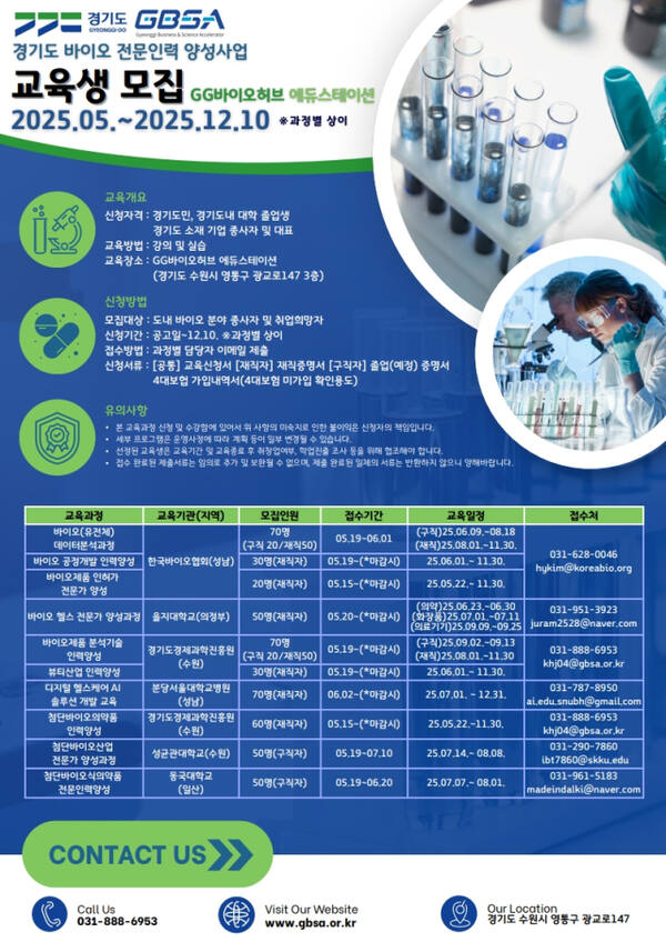 2025년 경기도 바이오 전문인력 양성사업 교육협력기관 모집 공고 포스터. 경기도 제공