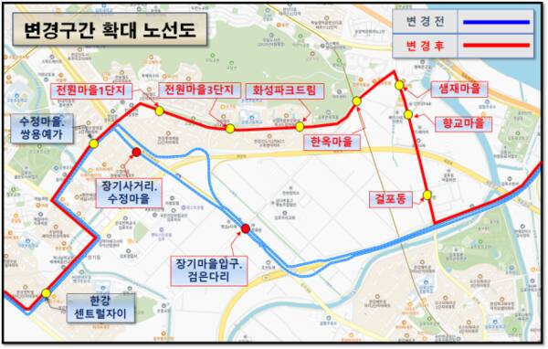 2000번 버스 변경구간 확대 노선도. 김포시 제공