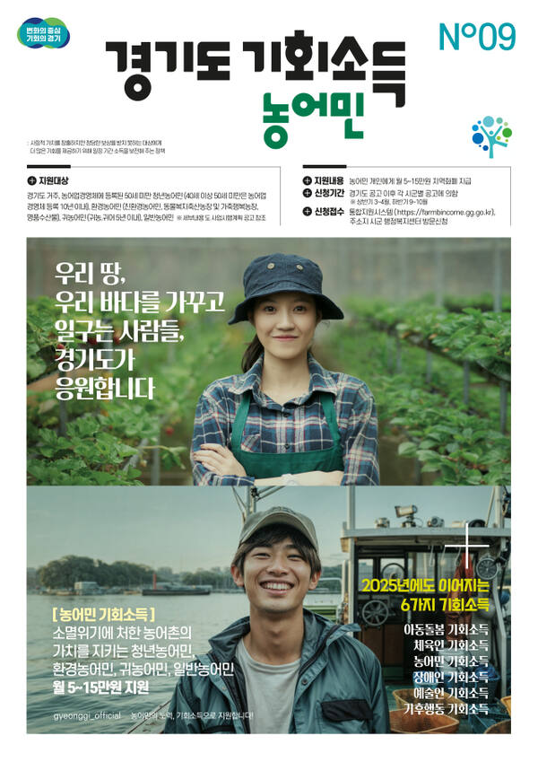 경기도가 오는 13일부터 23개 시·군, 17만2천명의 농어민을 대상으로 올해 상반기 농어민 기회소득을 지급한다. 경기도 제공