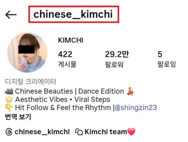 ‘차이니즈 김치’라는 아이디로 계정을 운영 중인 중국 누리꾼의 인스타그램 계정. 서경덕 교수 페이스북 갈무리