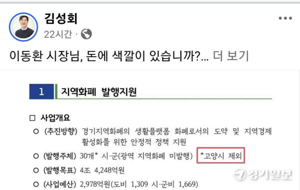 김성회 국회의원(더불어민주당, 고양갑)이 지난 11일 자신의 사회관계망서비스(SNS) 계정에 올린 글에 첨부한 경기도 지역화폐발행지원 문서 일부 캡처 이미지. 신진욱기자