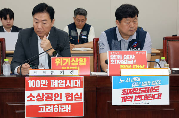 최저임금위, '생각은 깊어지고' (세종=연합뉴스) 배재만 기자 = 최저임금위원회 사용자위원인 류기정 한국경영자총협회 전무(왼쪽)와 근로자위원 류기섭 한국노총 사무총장이 17일 정부세종청사에서 열린 최저임금위원회 제5차 전원회의에서 나란히 자리하고 있다. 2025.6.17 scoop@yna.co.kr (끝) &lt;저작권자(c) 연합뉴스, 무단 전재-재배포, AI 학습 및 활용 금지&gt;