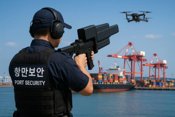 인천해양수산청은 최근 드론을 활용한 테러 및 불법 촬영, 첩보 활동 등에 대한 우려가 커짐에 따라 인천항에 최첨단 ‘안티드론 시스템’을 만든다고 밝혔다. 사진은 인천항 보안요원이 안티드론 시스템 장비를 시연하는 모습. 인천해수청 제공
