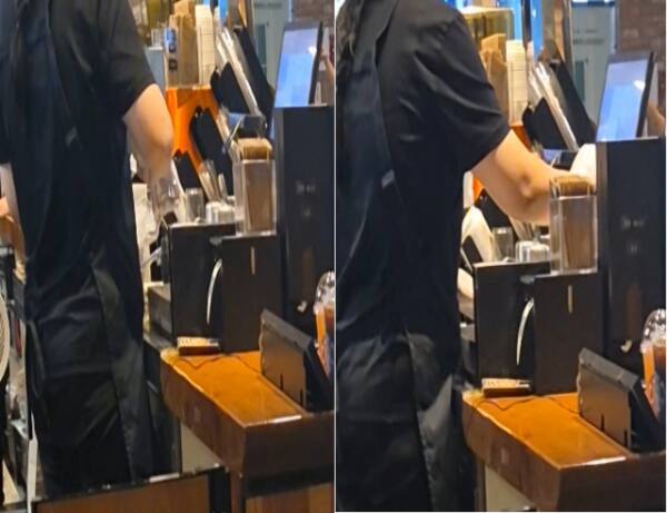좌: 위생장갑을 낀채 얼음을 스쿱에 담는 매니저 우: 얼음 담은 위생장갑 그대로 모니터를 터치하는 매니저.한양경제DB
