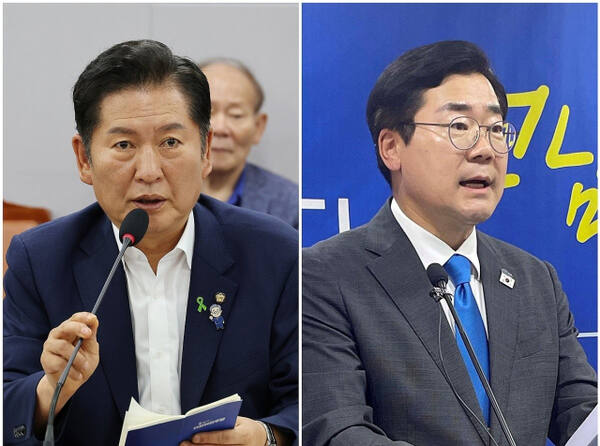 더불어민주당 차기 당 대표 선거에 출마한 정청래 의원이 9일 서울 여의도 국회 의원회관에서 열린 당원 주권 정당개혁 토론회에서 발언하고 있다.(사진 왼쪽) 같은 날 박찬대 의원은 전남 무안군 전남도의회 브리핑룸에서 기자회견을 열고 인사말하고 있다.(사진 오른쪽). 연합뉴스