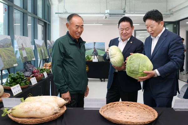 최근 가평군청 회의실에서 가평군 친환경농업인연합회 주관으로 열린 ‘제2회 친환경 농산물 생산자·소비자 간 교류행사’에서 서태원 군수(오른쪽 첫번째)가 정길훈 가평군 친환경농업인회장(왼쪽 첫번째), 김경수 군의회 의장 등이 농산물을 살펴보고 있다. 가평군 제공