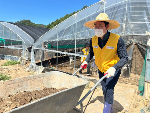정명근 화성특례시장이 30일 경남 합천군 가회면에서 실시된 수해복구 지원 활동에서 수레를 끌고 있다. 화성특례시 제공