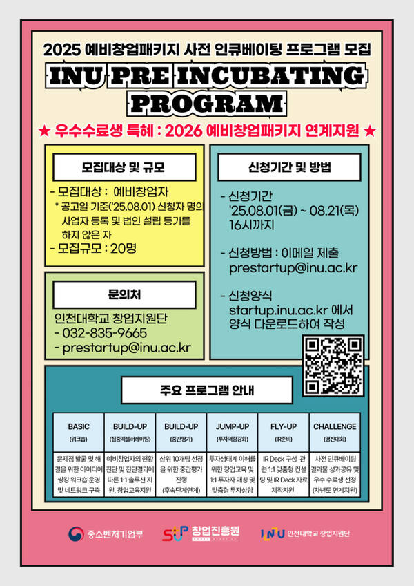 2025년 예비창업패키지 사전인큐베이팅 프로그램 모집 포스터. 인천대학교 제공