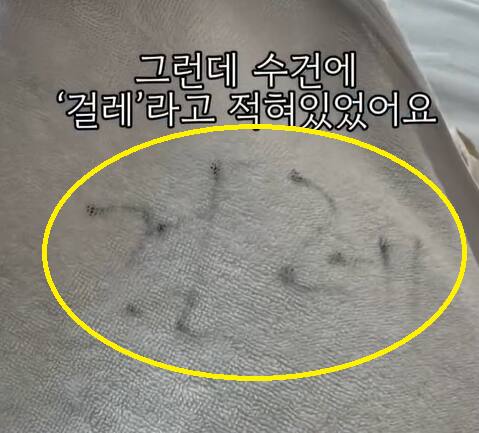 여수의 한 리조트형 호텔 숙박업소에서 ‘걸레’라고 적혀 고객 A씨에게 제공된 수건. 인스타그램 @lovely_boogi 영상 갈무리