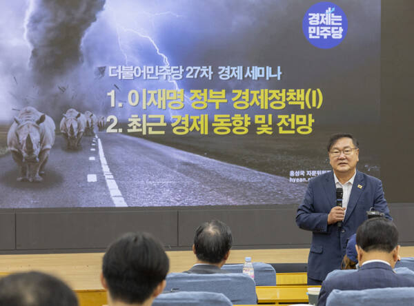 더불어민주당 김태년 의원이 국회의원회관에서 열린 더불어민주당 27차 경제 세미나에서 인사말을 하고 있다. 연합뉴스