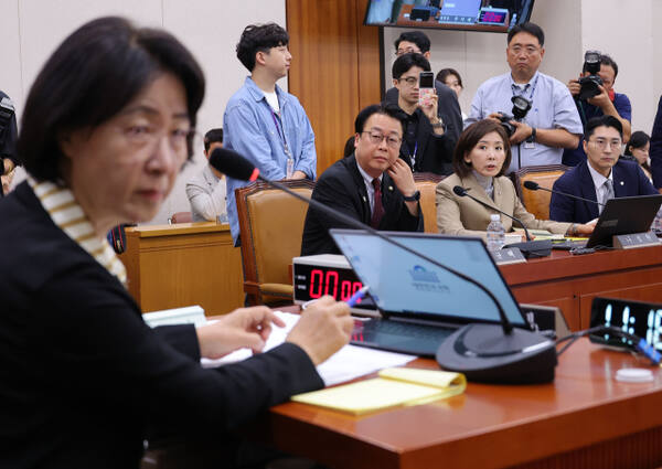 국민의힘 나경원 의원이 지난 16일 서울 여의도 국회에서 열린 법제사법위원회 전체회의에서 추미애 법사위원장에게 발언하고 있다. 연합뉴스