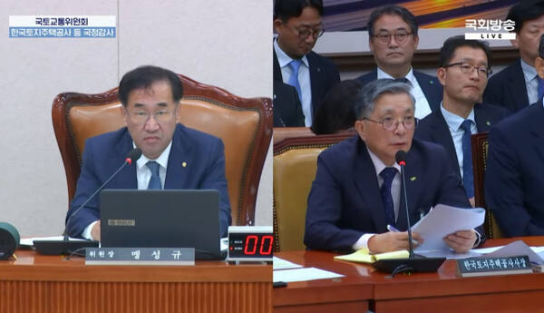 지난 14일 맹성규 국토교통위원장(더불어민주당·남동갑)이 LH를 상대로 한 국정감사에서 이한준 LH 사장에게 질의를 하고 있다. 국회방송 갈무리