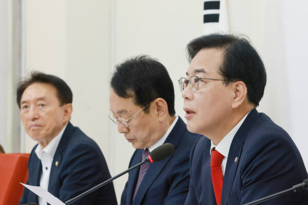 국민의힘 송언석 원내대표가 2일 서울 여의도 국회에서 열린 대미투자특별법 점검 상임위원장·간사단회의에 참석해 발언하고 있다. 연합뉴스