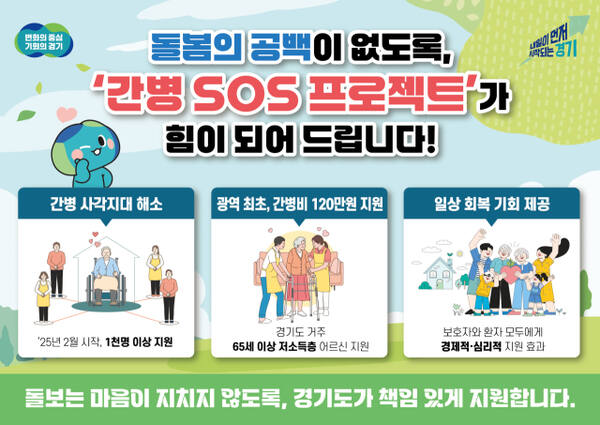 경기도가 65세 이상 취약계층에게 연간 최대 120만원의 간병비를 지원하는 ‘간병 SOS 프로젝트’ 포스터. 경기도 제공