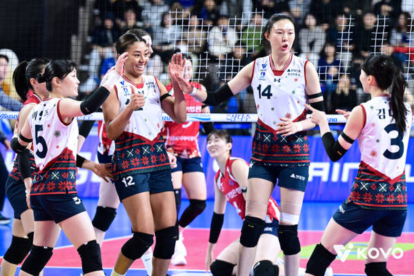 최근 6연승을 달리며 선두 경쟁에 복귀한 수원 현대건설 선수들이 승리 후 코트에서 기쁨을 나누고 있다. KOVO 제공